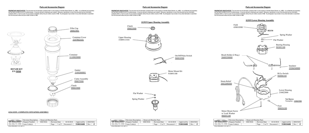 Diagram Diagram and Parts List for 1G919  Hamilton Beach Blender